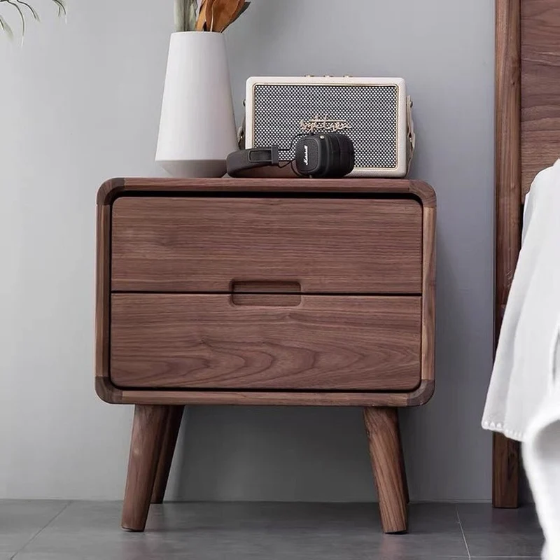 Minimalist Deep Brown Black Walnut Wood Nightstand with Two Drawers