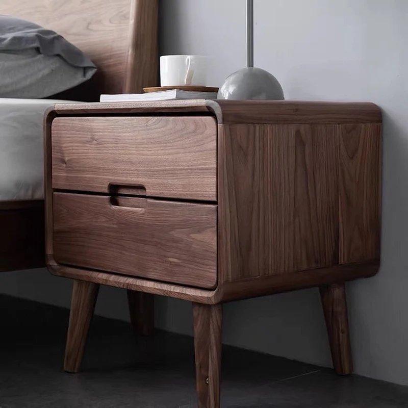 Minimalist Deep Brown Black Walnut Wood Nightstand with Two Drawers