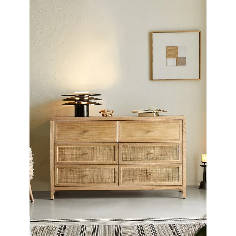 Nebula 6 Drawers Oak Wood Dresser with Rattan