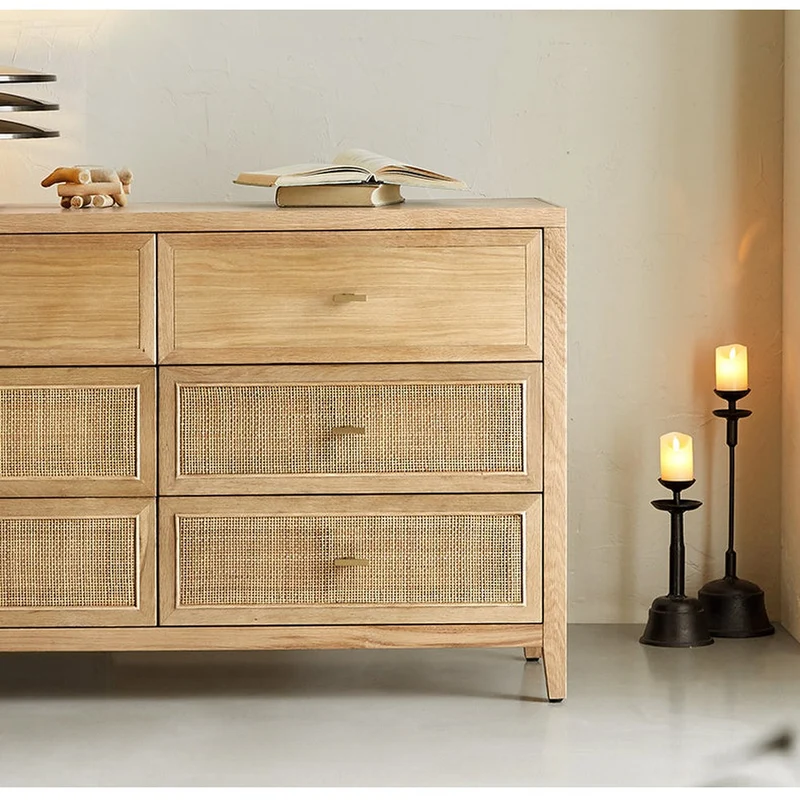 Nebula 6 Drawers Oak Wood Dresser with Rattan