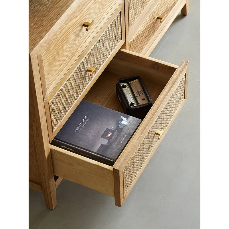 Nebula 6 Drawers Oak Wood Dresser with Rattan