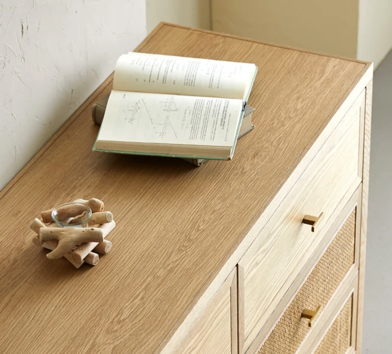Nebula 6 Drawers Oak Wood Dresser with Rattan