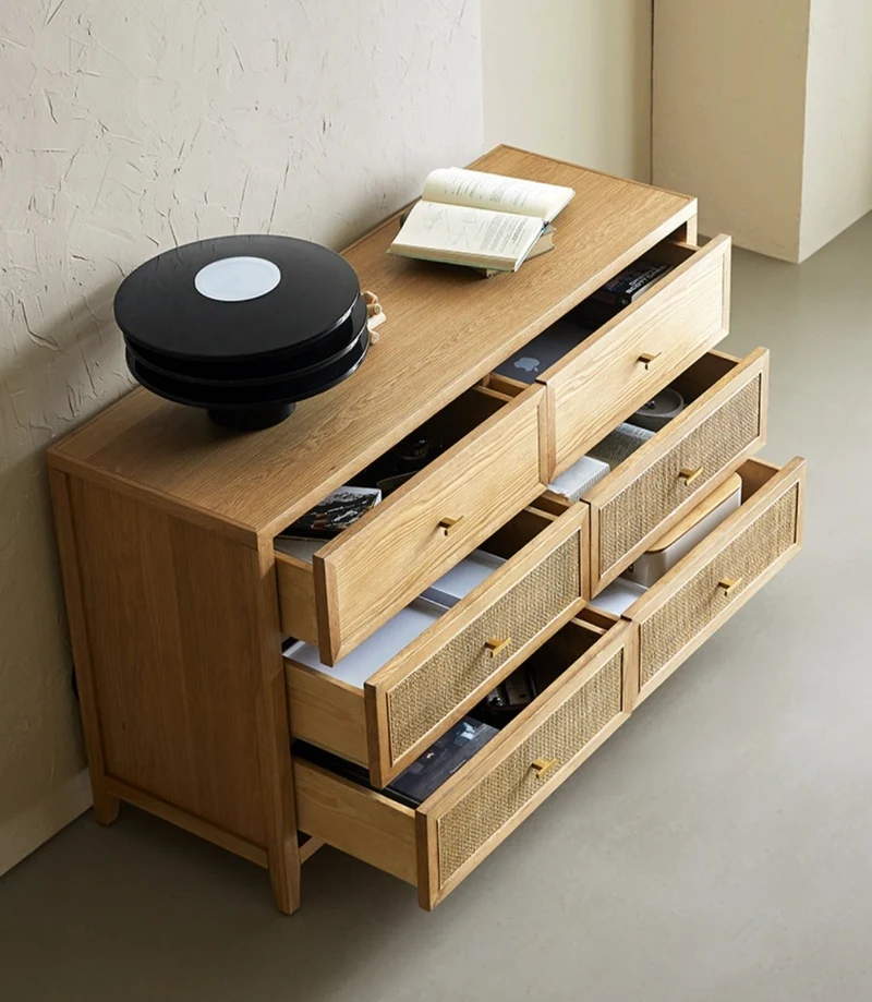 Nebula 6 Drawers Oak Wood Dresser with Rattan