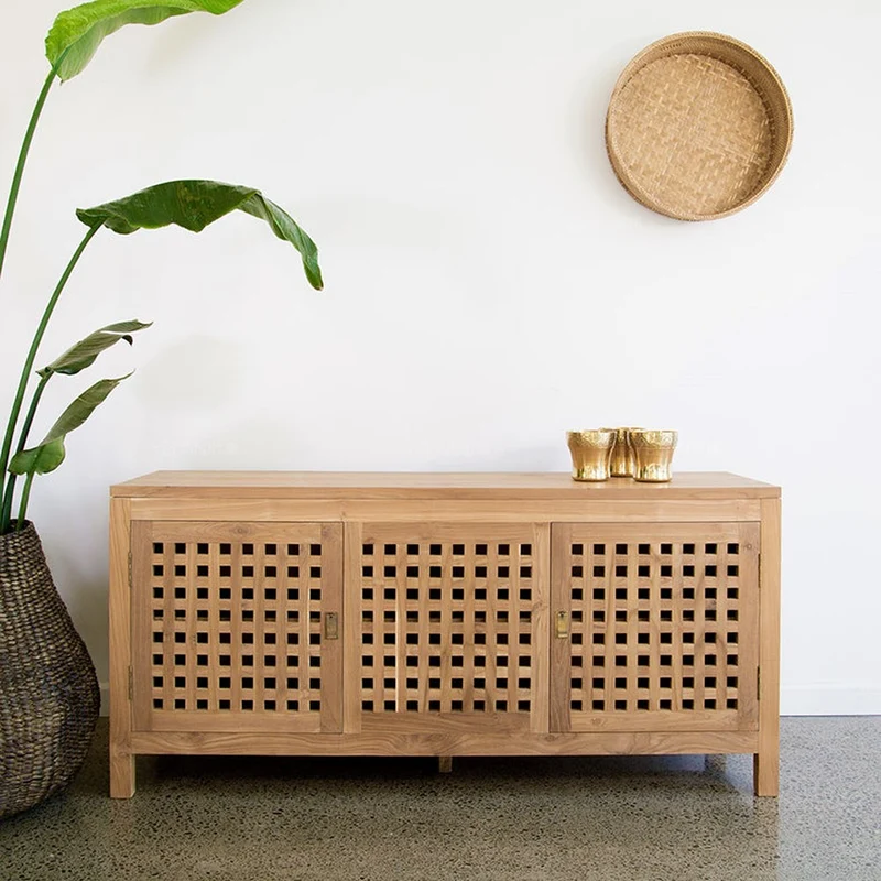 Lattice White Oak Wood Low Sideboard
