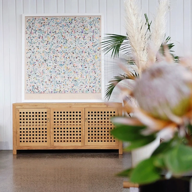 Lattice White Oak Wood Low Sideboard
