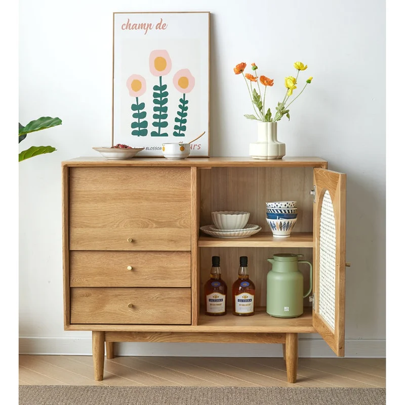Harmonic Oak Wood Cabinets with One Rattan Door