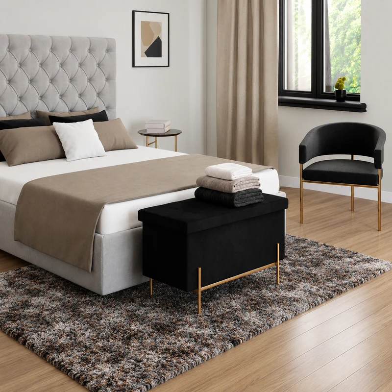 Banc coffre avec pieds dorés Loan en velours noir 76cm