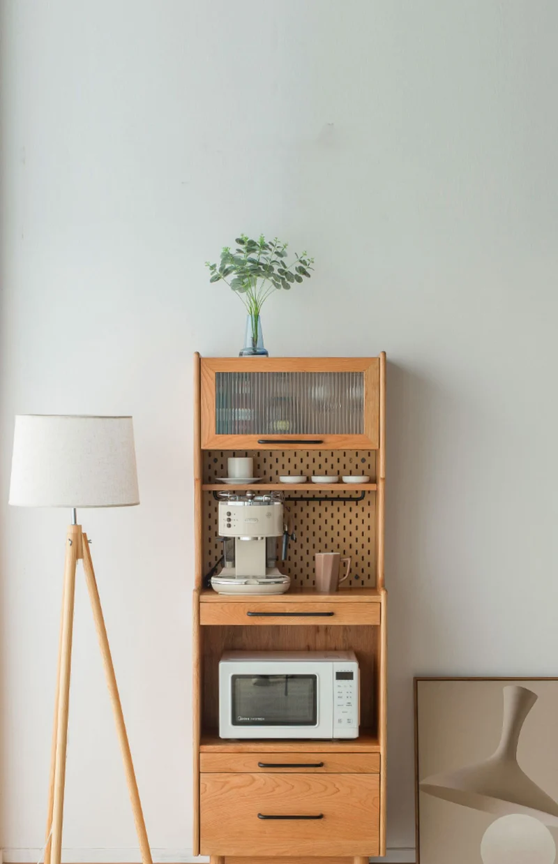 Multi-Functional Solid Cherry Wood Narrow Coffee Kitchen Cupboard