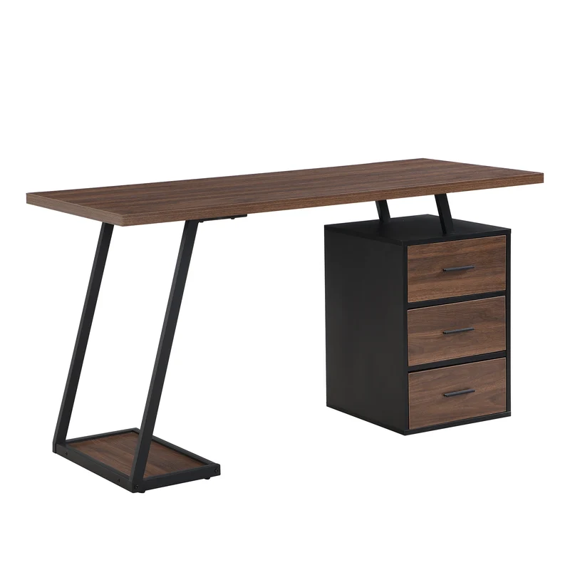 Bureau industriel en bois avec 3 tiroirs et rangements