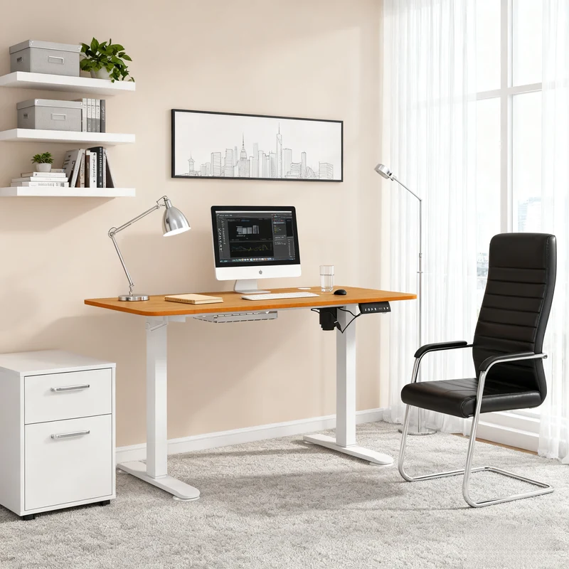 Table de bureau électrique réglable en hauteur 120x60x72-116 cm Stehtisch avec anti-collision, boîte à câbles et crochets, finition bois naturel