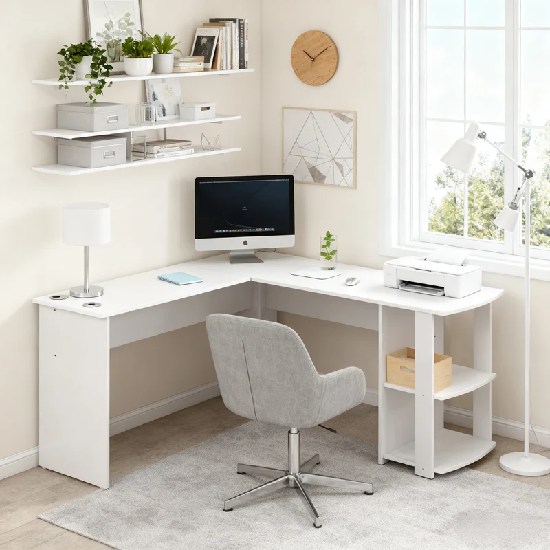 Eckschreibtisch L-forme 140x140x75 cm Computertisch avec 2 étagères, tabletop en contreplaqué blanc pour bureau à domicile