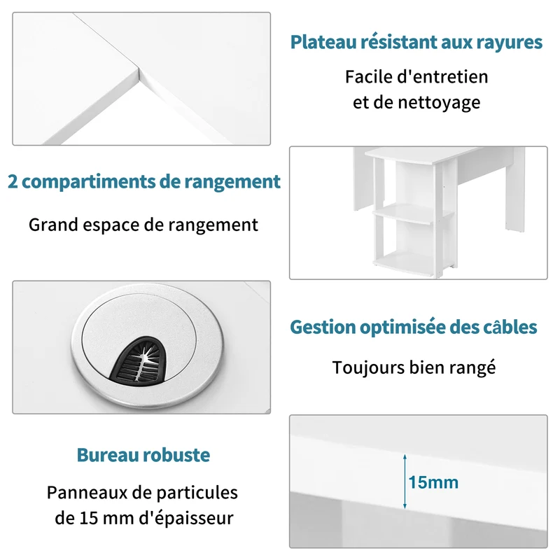 Eckschreibtisch L-forme 140x140x75 cm Computertisch avec 2 étagères, tabletop en contreplaqué blanc pour bureau à domicile