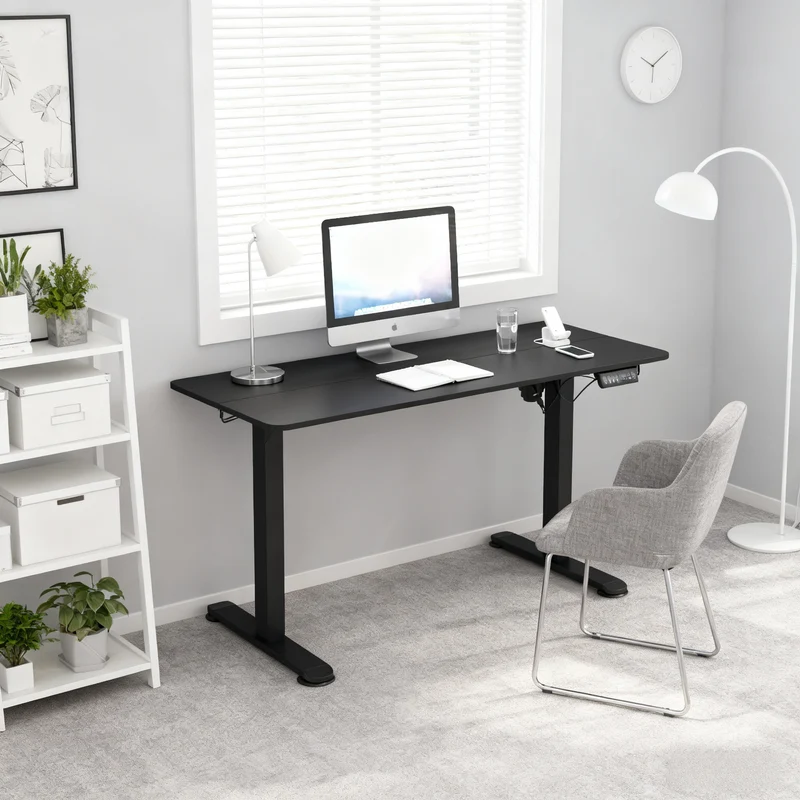 Table de bureau électrique réglable en hauteur 140x70x72-116 cm Steh-Sitz Schreibtisch avec anti-collision, stockage et cadre en acier noir