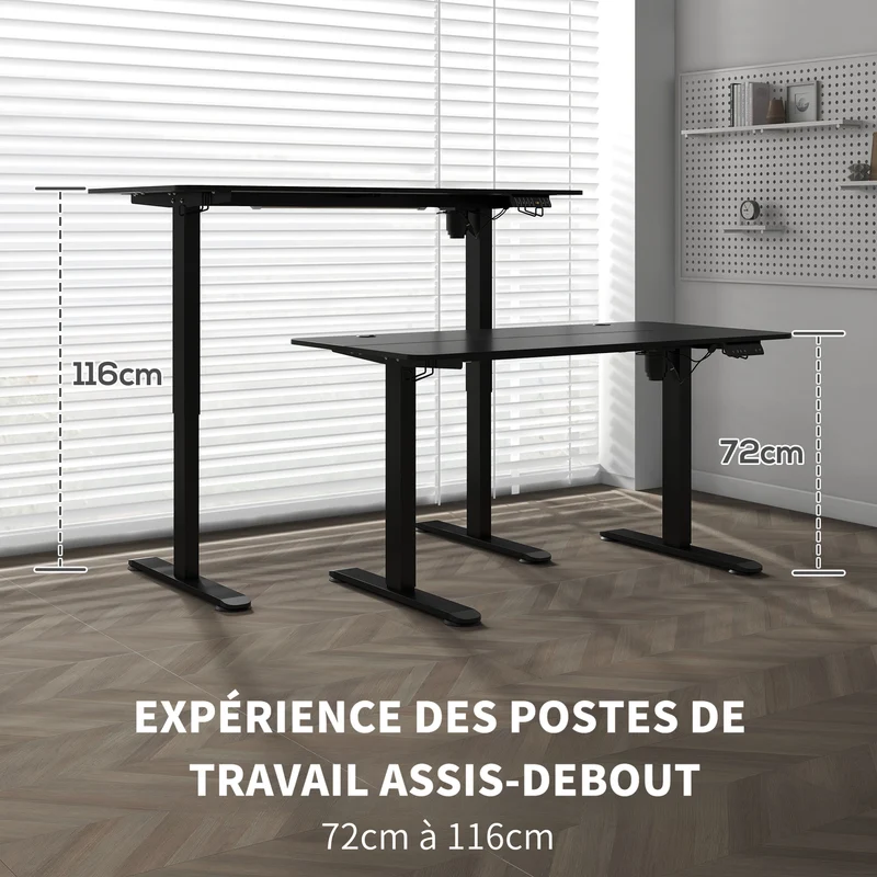 Table de bureau électrique réglable en hauteur 140x70x72-116 cm Steh-Sitz Schreibtisch avec anti-collision, stockage et cadre en acier noir