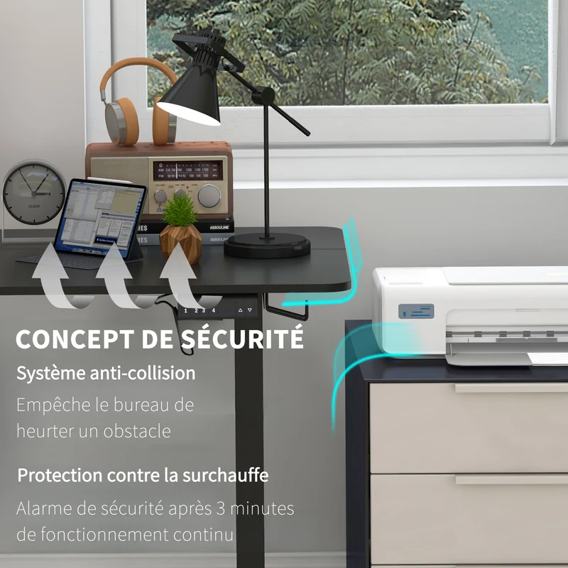 Table de bureau électrique réglable en hauteur 140x70x72-116 cm Steh-Sitz Schreibtisch avec anti-collision, stockage et cadre en acier noir