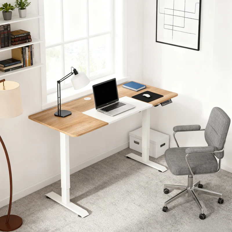 Table de bureau électrique réglable en hauteur 140x70 cm Stehschreibtisch avec moteur, cadre en métal, design nature+blanc pour bureau et espace de travail