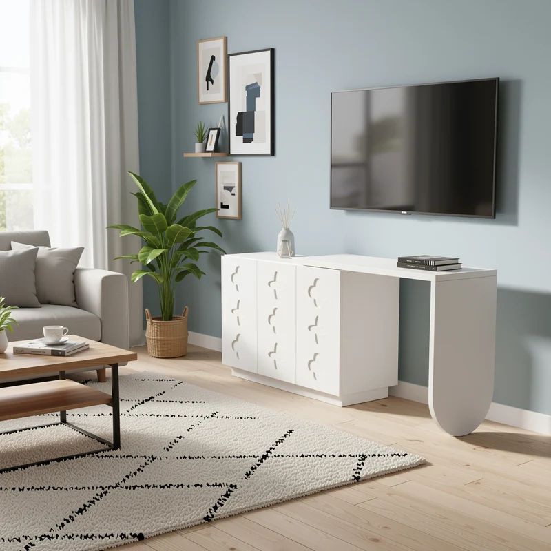Bureau d'angle pivotant en L blanc de 110 cm, avec 3 placards de rangement, portes à fermeture douce et étagères réglables, idéal pour un bureau ou un studio de beauté