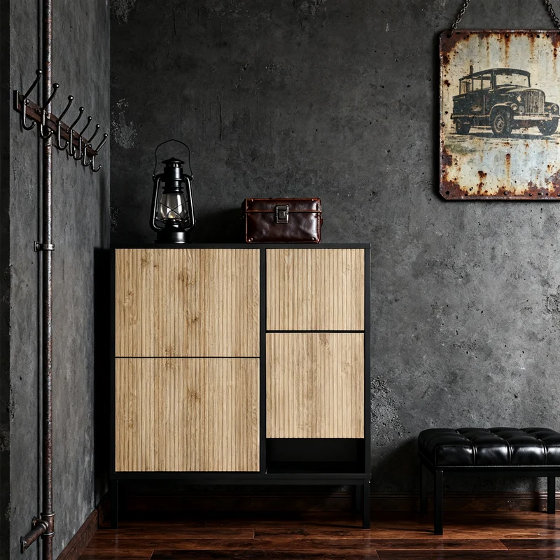 Meuble à chaussures avec banc intégré 100x25x100 cm en MDF noir et bois naturel, 3 abattants, étagères et assise escamotable, idéal pour entrée, couloir ou chambre