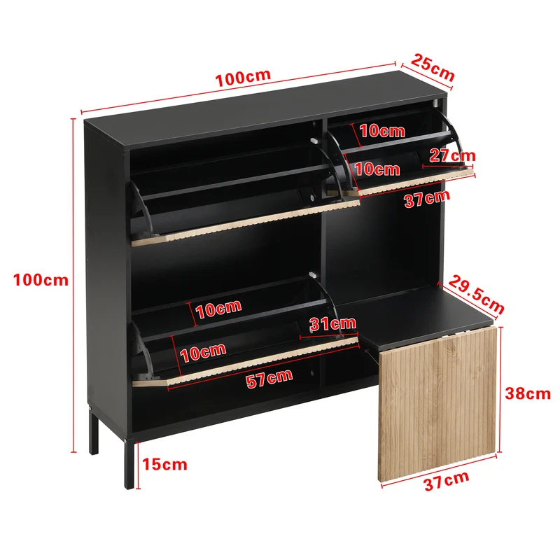 Meuble à chaussures avec banc intégré 100x25x100 cm en MDF noir et bois naturel, 3 abattants, étagères et assise escamotable, idéal pour entrée, couloir ou chambre
