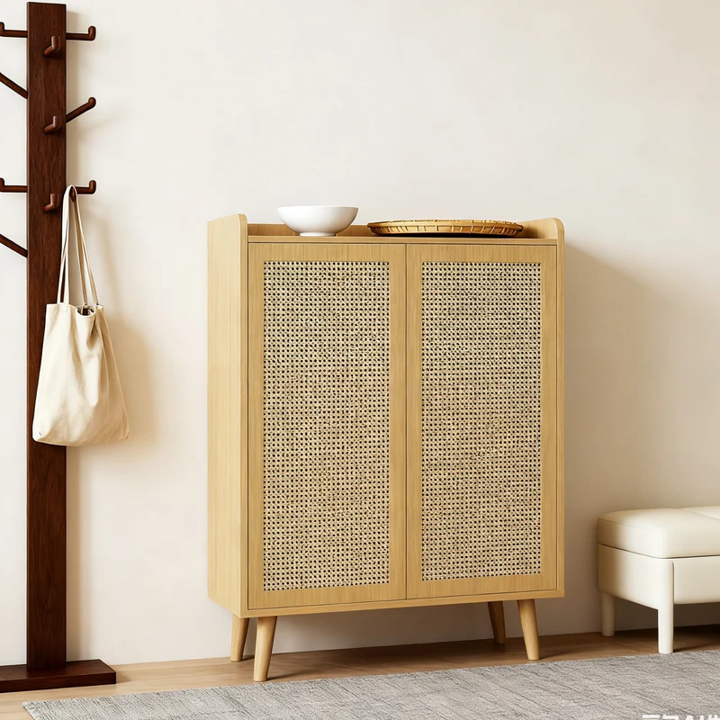 Meuble à chaussures en rotin naturel 80x35x105 cm avec 2 portes, 5 étagères fixes, poignées et pieds en bois massif, idéal pour entrée et couloir