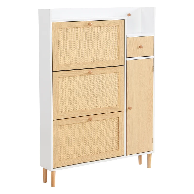 Meuble à chaussures en bois et rotin 90x17x125 cm avec 3 portes basculantes, 1 tiroir et pieds en bois massif, idéal pour entrée étroite et petits espaces