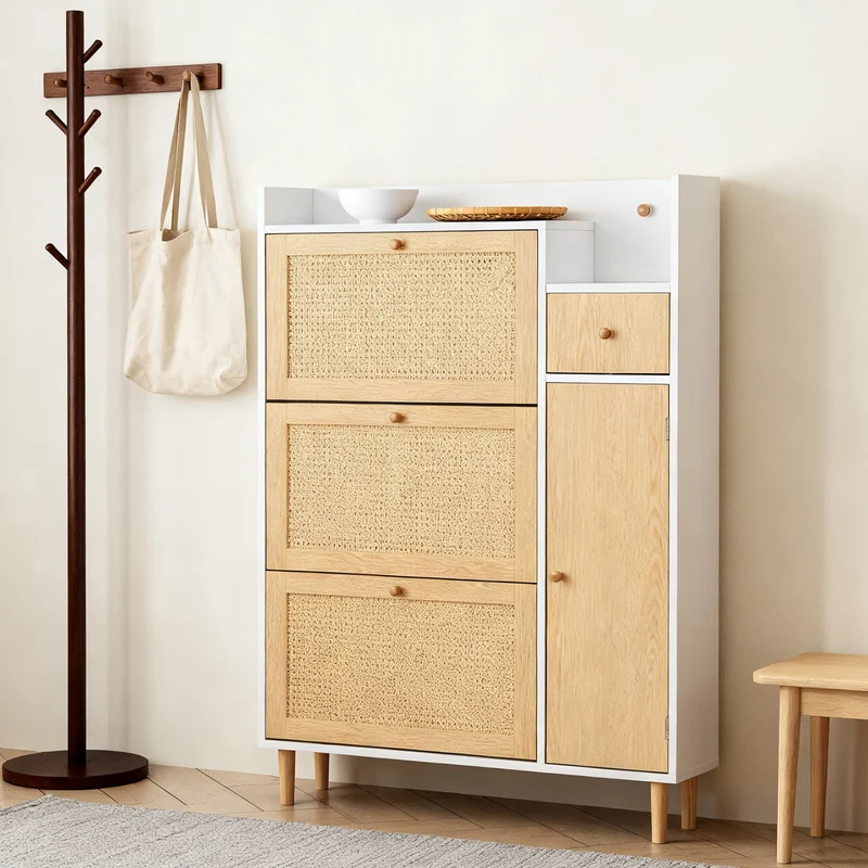 Meuble à chaussures en bois et rotin 90x17x125 cm avec 3 portes basculantes, 1 tiroir et pieds en bois massif, idéal pour entrée étroite et petits espaces