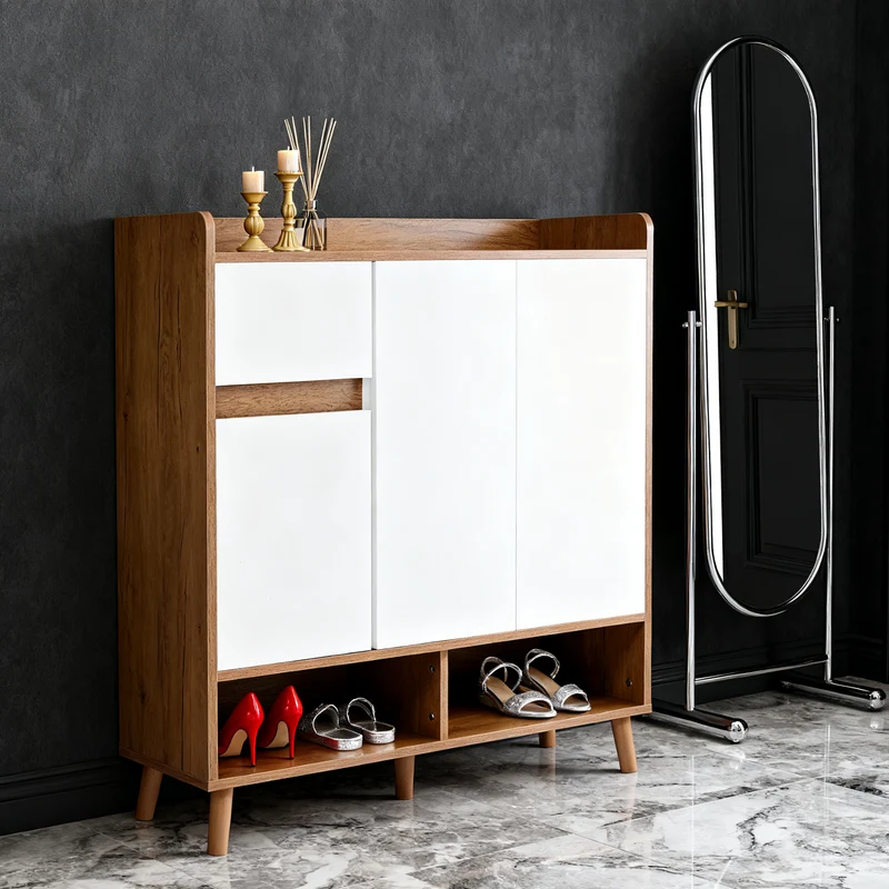 Commode / buffet / meuble à chaussures blanc et bois 90x35x99 cm avec étagères réglables et pieds en bois massif