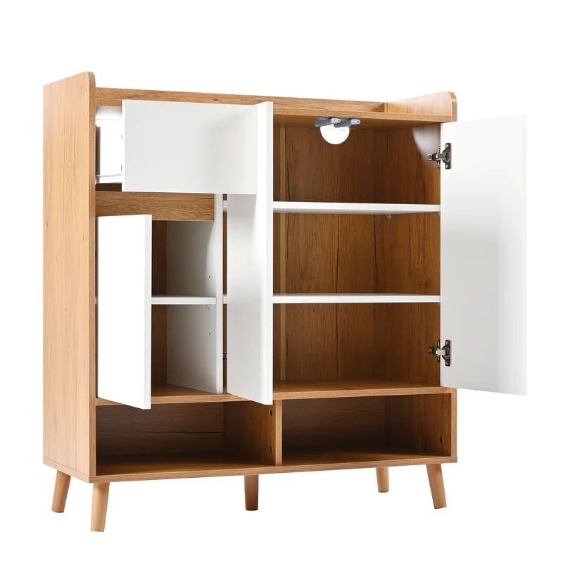 Commode / buffet / meuble à chaussures blanc et bois 90x35x99 cm avec étagères réglables et pieds en bois massif