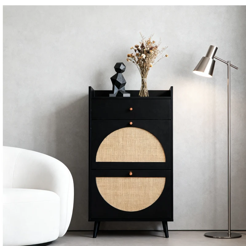 Meuble à chaussures noir 60x24x110 cm avec 2 portes en rotin, 1 tiroir et étagères réglables