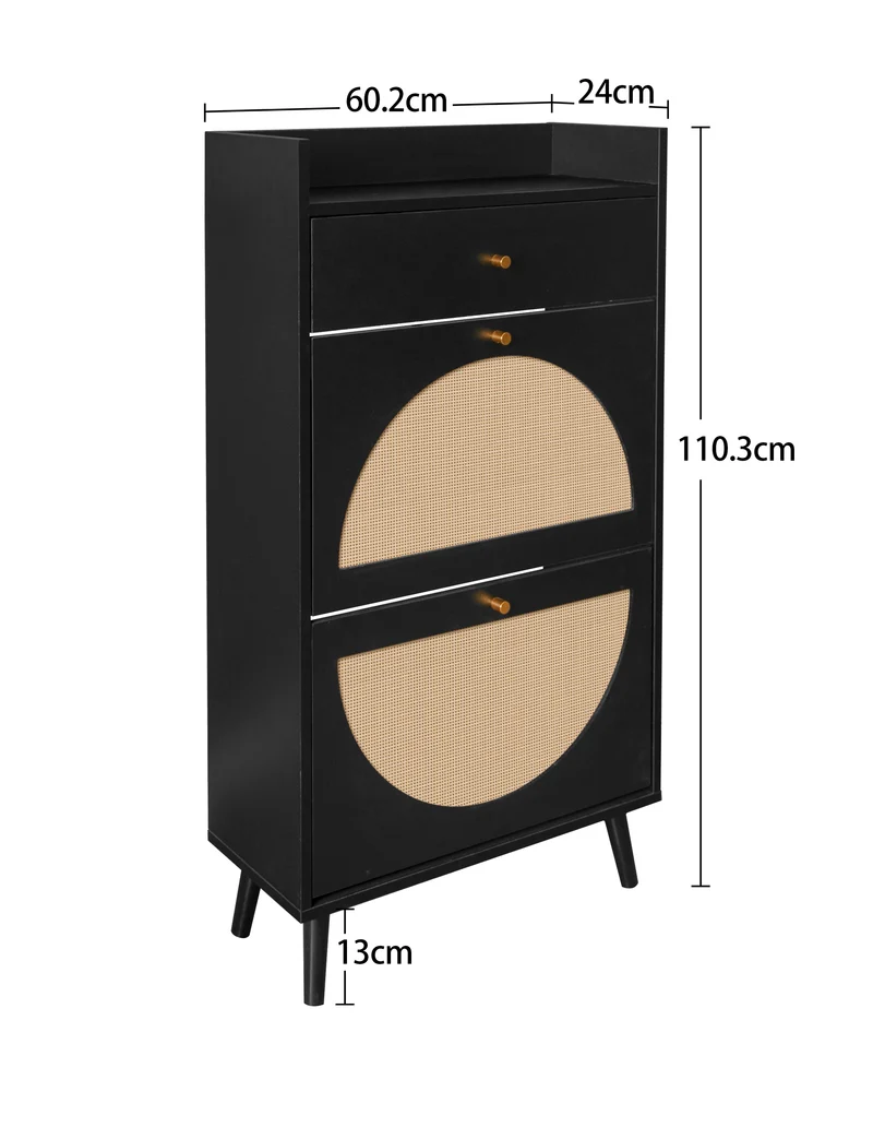 Meuble à chaussures noir 60x24x110 cm avec 2 portes en rotin, 1 tiroir et étagères réglables