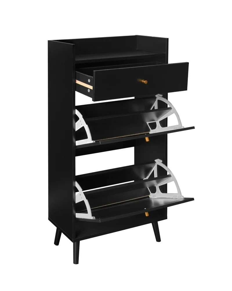 Meuble à chaussures noir 60x24x110 cm avec 2 portes en rotin, 1 tiroir et étagères réglables