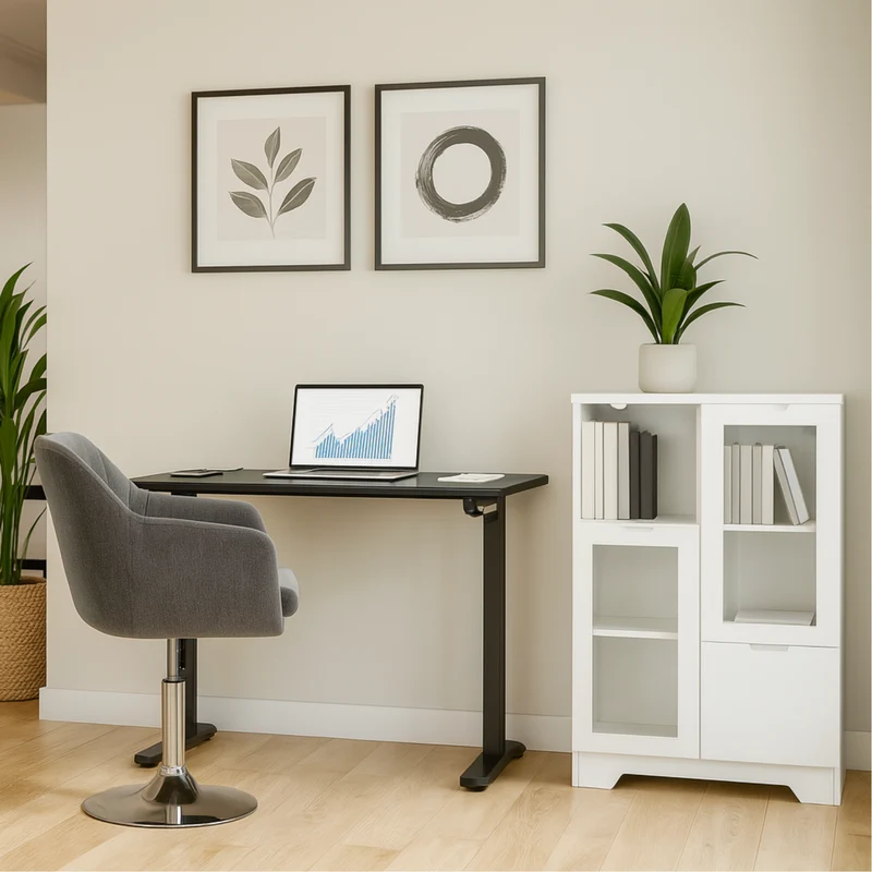 Buffet en MDF laqué blanc 65x30x100 cm avec portes vitrées, tiroir et espaces de rangement ouverts, idéal pour salon, chambre ou entrée