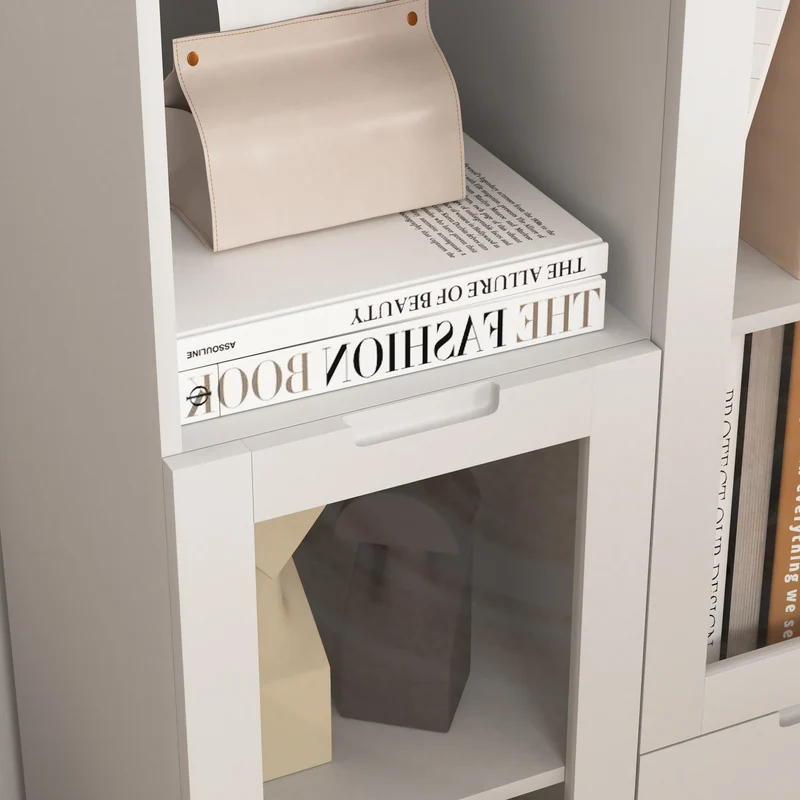 Buffet en MDF laqué blanc 65x30x100 cm avec portes vitrées, tiroir et espaces de rangement ouverts, idéal pour salon, chambre ou entrée
