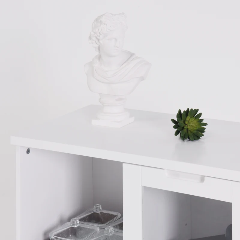 Buffet en MDF laqué blanc 65x30x100 cm avec portes vitrées, tiroir et espaces de rangement ouverts, idéal pour salon, chambre ou entrée
