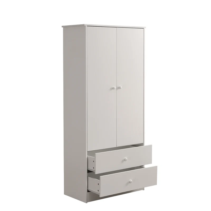 Armoire penderie blanche en panneaux de particules avec 2 portes, 2 tiroirs et tringle de rangement