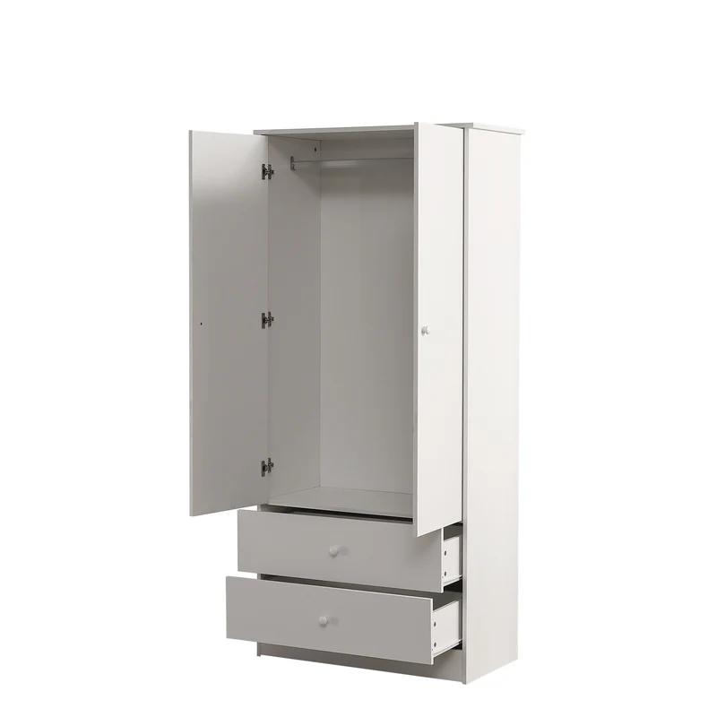 Armoire penderie blanche en panneaux de particules avec 2 portes, 2 tiroirs et tringle de rangement