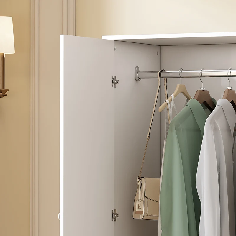 Armoire penderie blanche en panneaux de particules avec 2 portes, 2 tiroirs et tringle de rangement