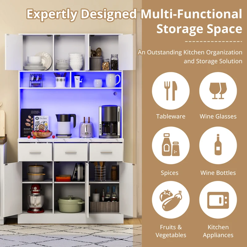 Buffet de cuisine multifonction 100x40x180 cm en MDF blanc avec LED télécommandées, prises électriques, ports USB, tiroirs et étagères réglables