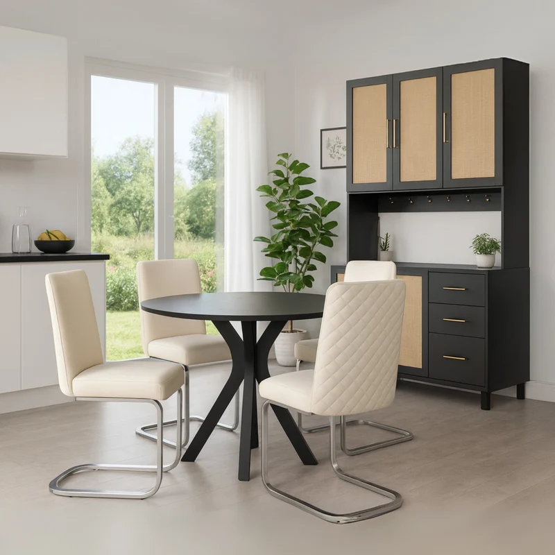 Buffet de cuisine 183 cm avec éclairage LED contrôlé par application, 2 ports USB, 2 prises, 3 tiroirs, étagères réglables et poignées dorées â€?idéal pour cuisine et salle à manger