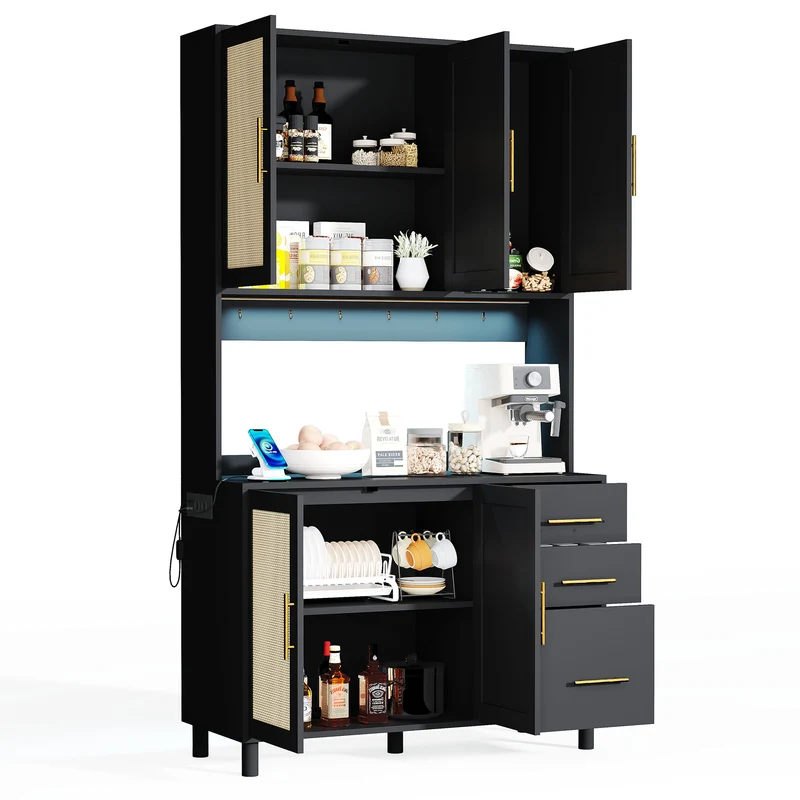 Buffet de cuisine 183 cm avec éclairage LED contrôlé par application, 2 ports USB, 2 prises, 3 tiroirs, étagères réglables et poignées dorées â€?idéal pour cuisine et salle à manger