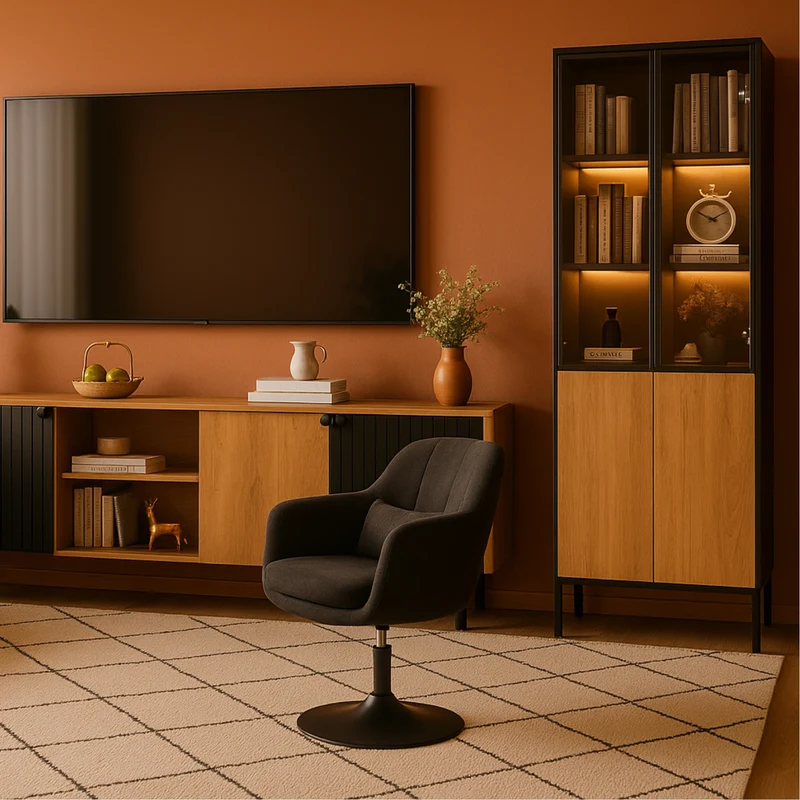 Vitrine LED 180 cm en verre trempé noir/chêne avec étagères réglables