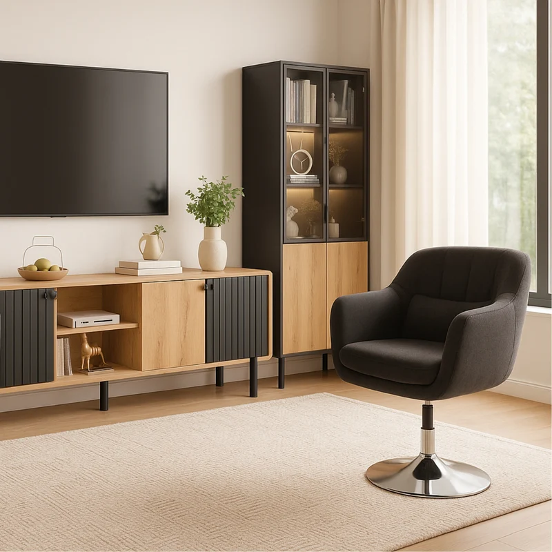 Vitrine LED 180 cm en verre trempé noir/chêne avec étagères réglables