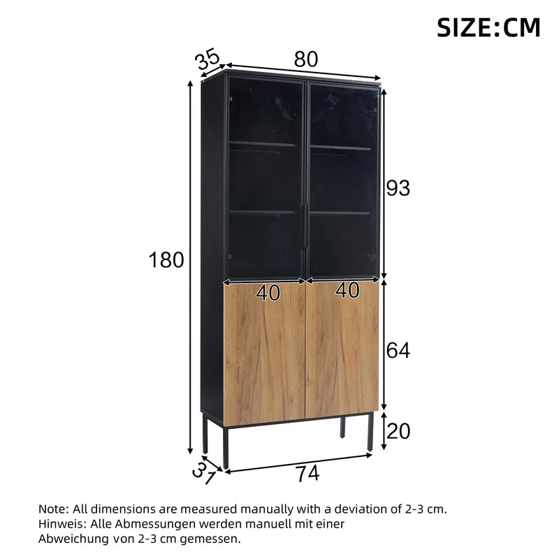 Vitrine LED 180 cm en verre trempé noir/chêne avec étagères réglables