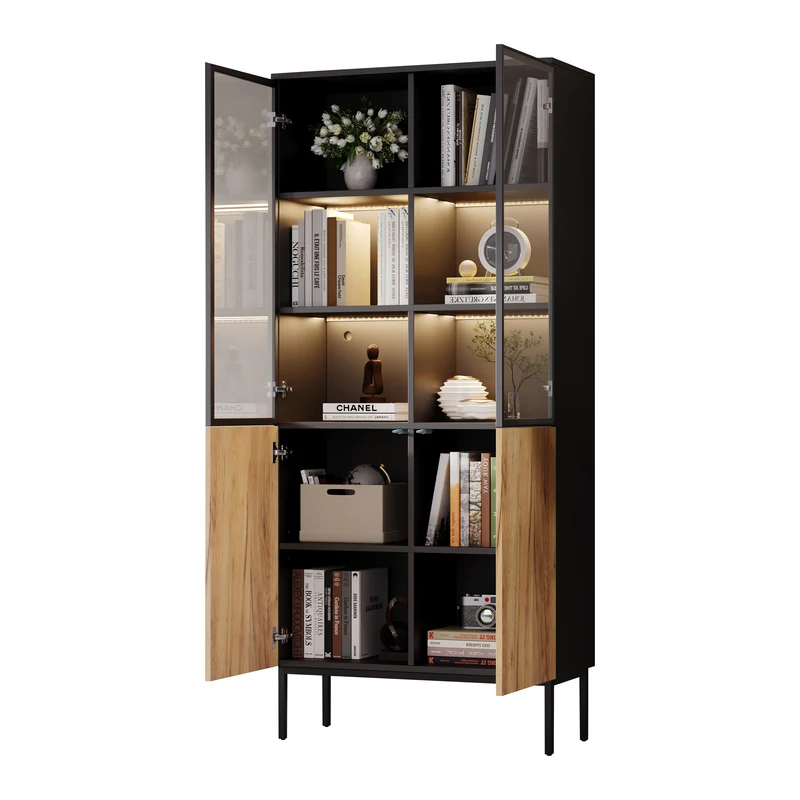 Vitrine LED 180 cm en verre trempé noir/chêne avec étagères réglables