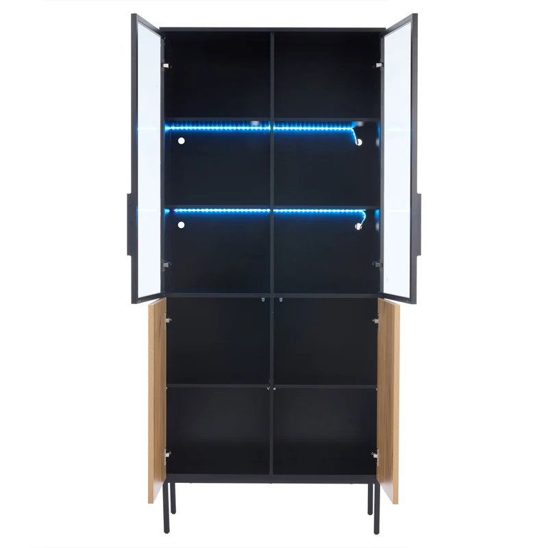 Vitrine LED 180 cm en verre trempé noir/chêne avec étagères réglables