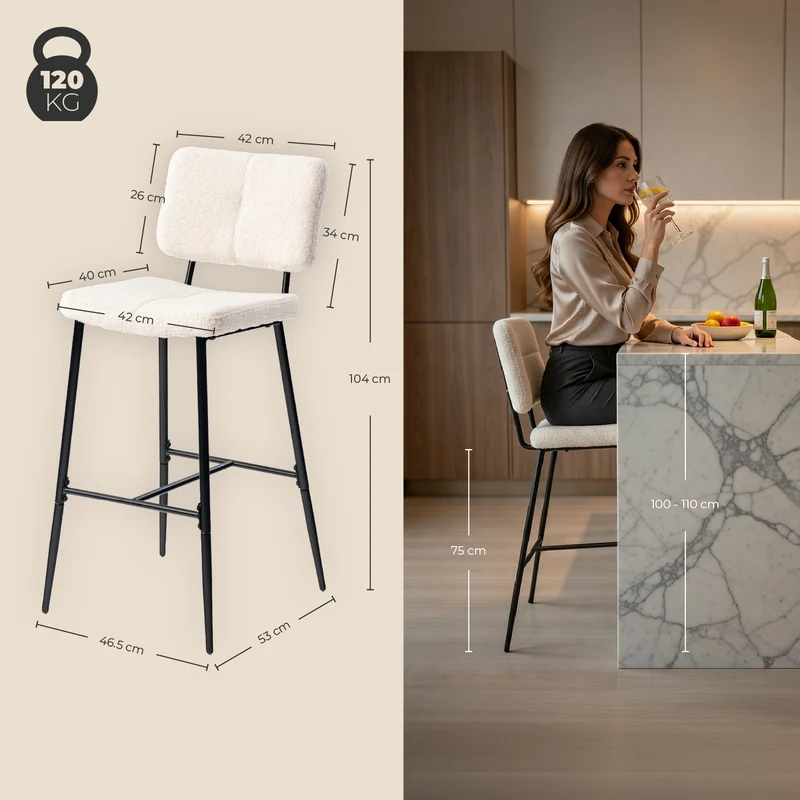 Lot de 6 tabourets de bar scandinaves avec dossier en tissu mouton bouclette beige - POMONA BAR