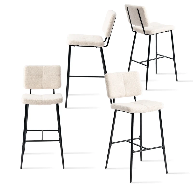 Lot de 4 tabourets de bar scandinaves avec dossier en tissu mouton bouclette beige - POMONA BAR