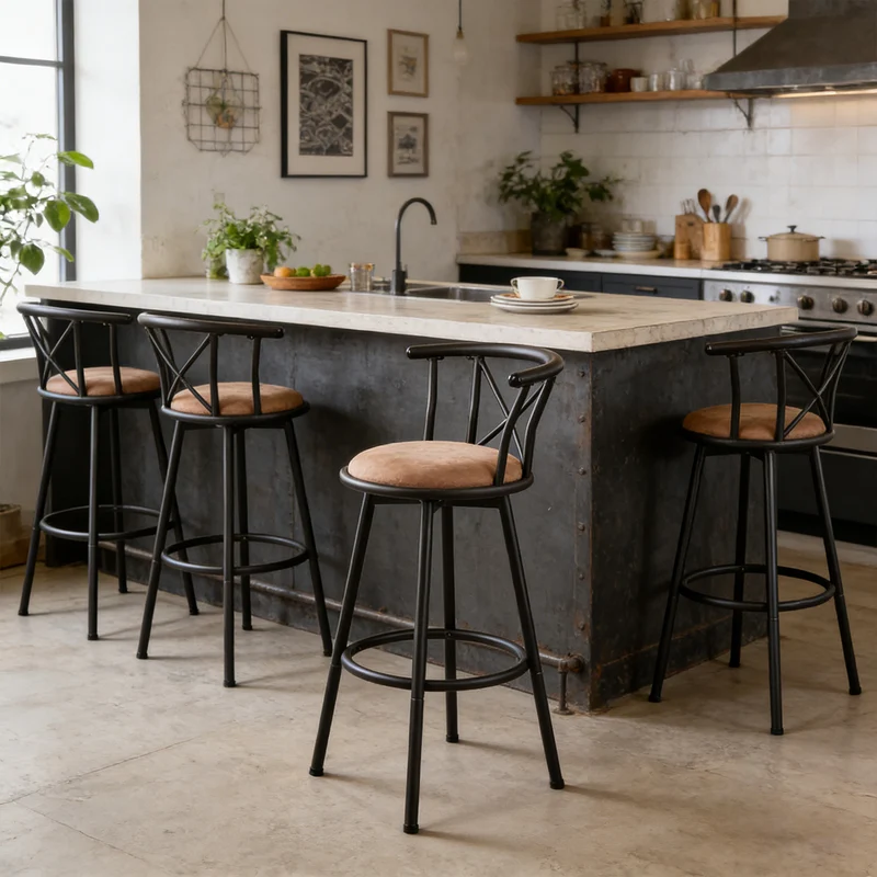 Lot de 4 tabourets de bar industriels pivotants avec dossier en tissu marron - HAILEY 29