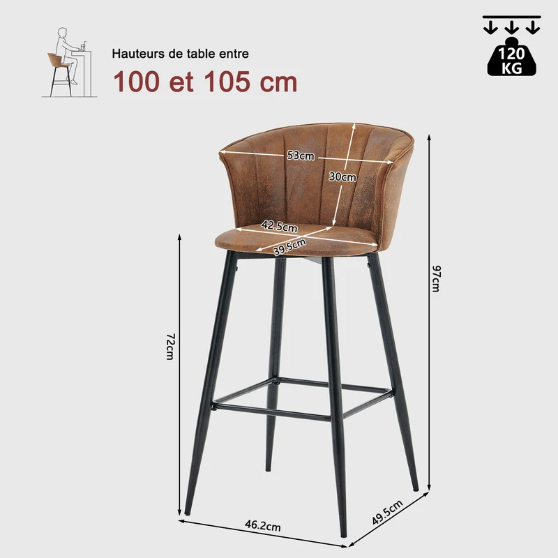 Lot de 6 tabourets de bar industriels avec accoudoirs et dossier en suédine - DONCIC BAR