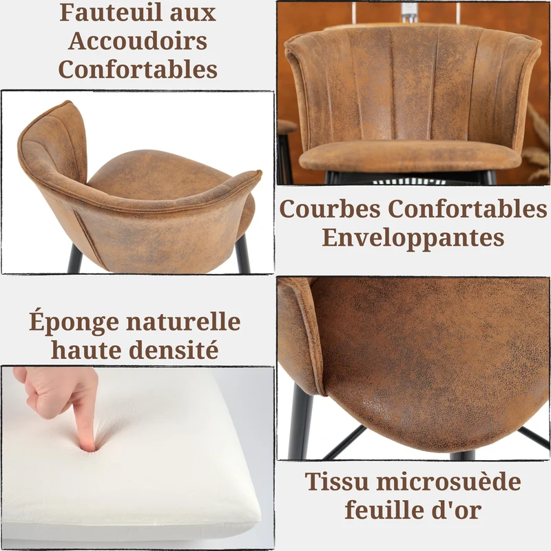Lot de 6 tabourets de bar industriels avec accoudoirs et dossier en suédine - DONCIC BAR